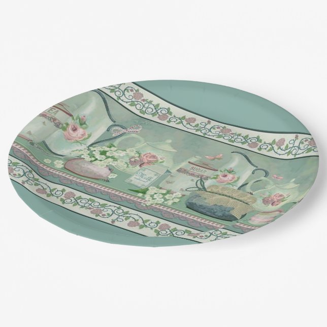 Vintage Teal Tea & Roses Paper Plates (Angled)