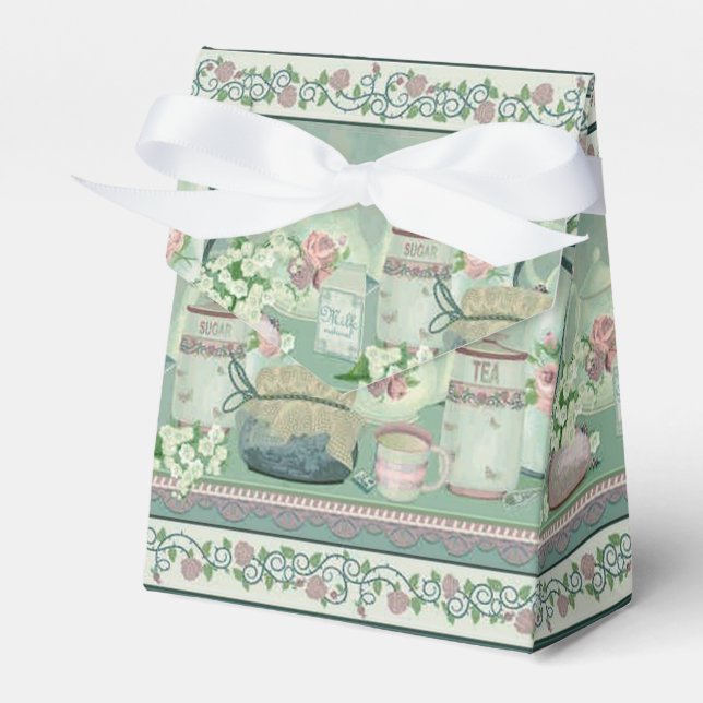 Vintage Teal Tea & Roses Tent Favour Box (Front Side)