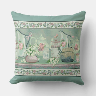Vintage Teal Tea & Roses Throw Pillow