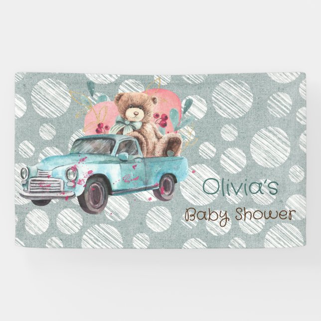 Vintage Teal Truck Teddy Bear Baby Shower Banner (Horizontal)