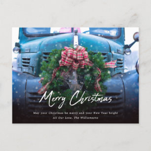 Vintage Teal Truck With Wreath Merry Christmas  Ho Holiday Postcard