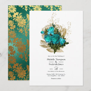 Vintage Teal - Turquoise and Gold Floral Wedding Invitation