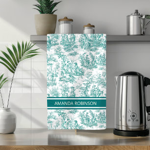 Vintage teal turquoise toile de jouy printed kitchen towel
