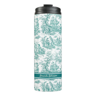 Vintage teal turquoise toile de jouy printed thermal tumbler