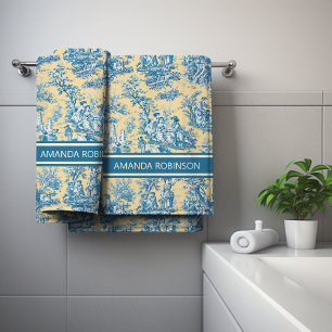 Vintage Teal Yellow French Toile de Jouy Pattern Bath Towel Set