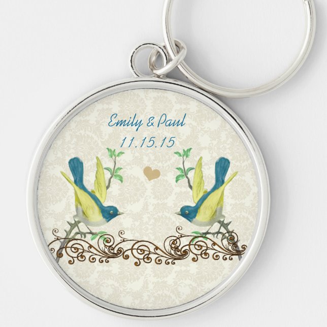 Vintage Teal & Yellow Love Birds Wedding Key Chain (Front)