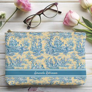 Vintage teal yellow toile de jouy printed accessory pouch
