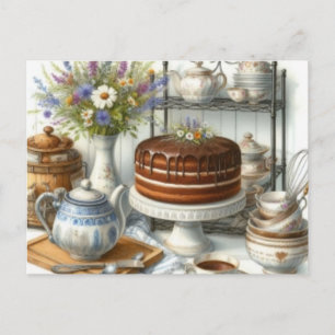 Vintage Teapot and Cake Tea Time Postcard