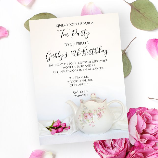 Vintage Teapot and Pink Roses Birthday Party Invitation (Creator Uploaded)