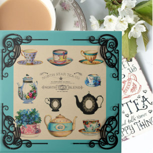 Vintage teapot and teacup advertisement teal brown tile