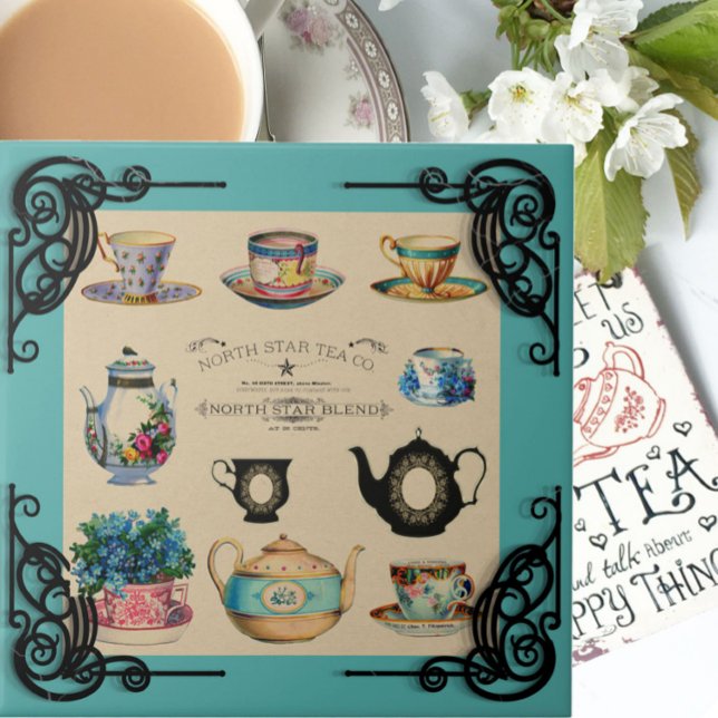 Vintage teapot and teacup advertisement teal brown tile (Creator Uploaded)
