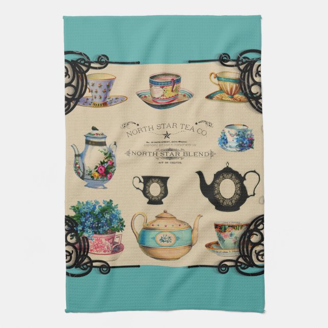 Vintage teapot and teacup kitchen towel (Vertical)