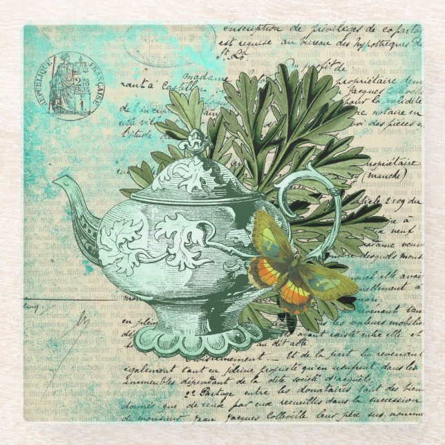 Vintage Teapot & Ephemera Collage Glass Coaster (Front)