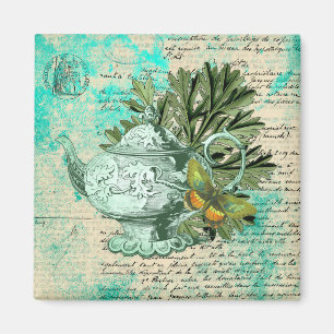 Vintage Teapot & Ephemera Collage Magnet