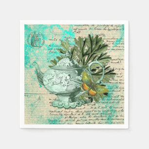 Vintage Teapot & Ephemera Collage Napkin