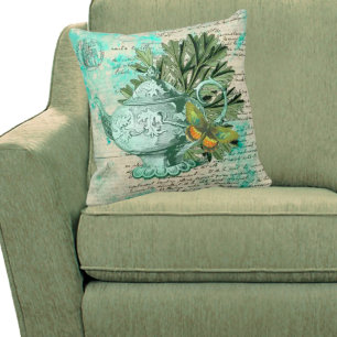 Vintage Teapot & Ephemera Collage Throw Pillow