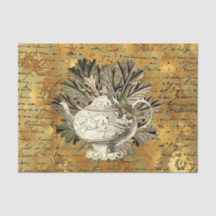 Vintage Teapot & Golden Ephemera Collage   Tissue Paper