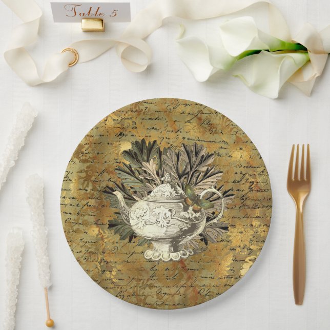 Vintage Teapot & Golden Ephemera  Paper Plate (Wedding)