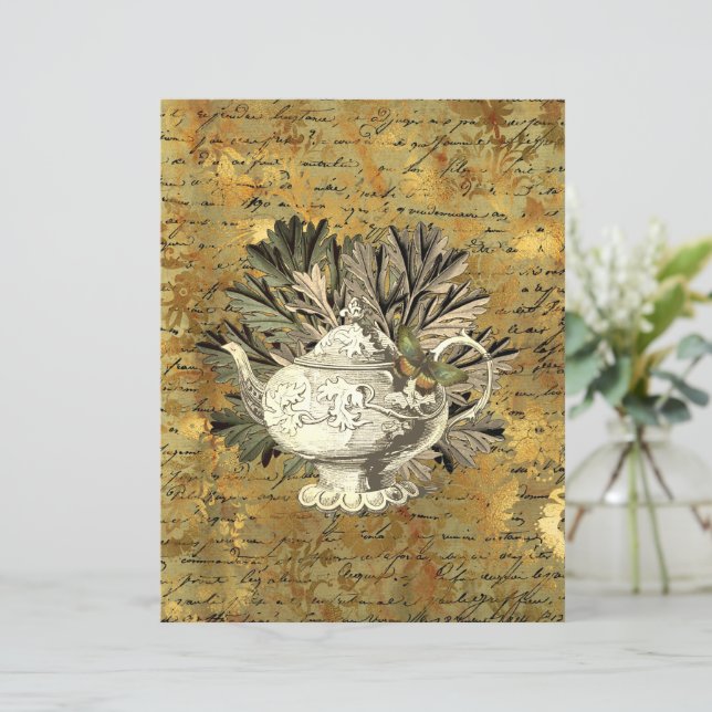 Vintage Teapot & Golden Ephemera Scrapbook Paper (Standing Front)