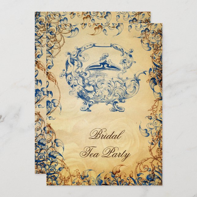 Vintage Teapot navy blue Rustic Bridal Tea Invites (Front/Back)