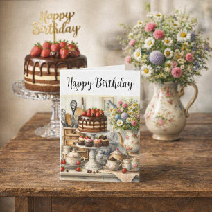 Vintage Teapot Teacup and Chocolate Cake Birthday  Card
