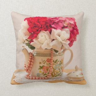 Vintage Teapot Vase of Flowers Throw Pillow
