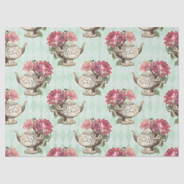 Vintage Teapots and Roses Decoupage Tissue Paper (Front)