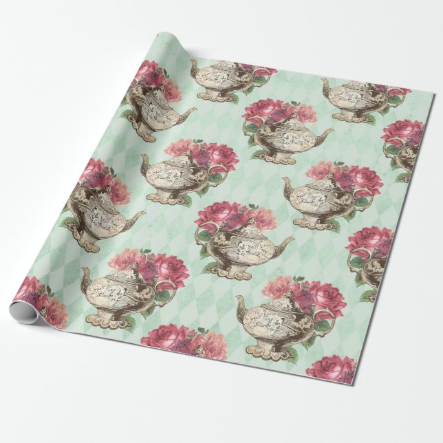 Vintage Teapots and Roses Wrapping Paper (Unrolled)