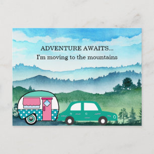Vintage Teardrop Camper Mountains Address Change Announcement Postcard