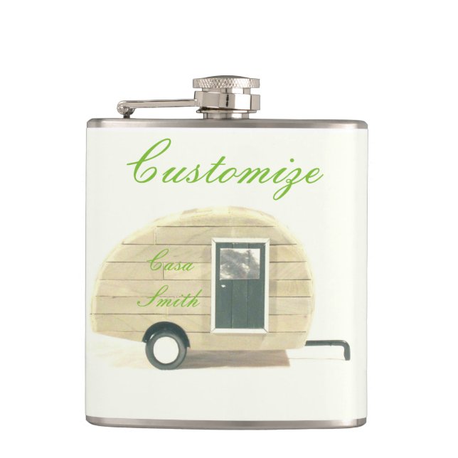 Vintage teardrop trailer gypsy caravan hip flask (Front)
