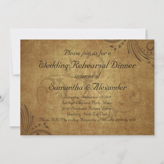 Vintage Teastain Swirl Wedding Rehearsal Dinner Invitation (Front)