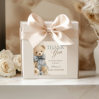 Vintage Teddy Bear Blue Bow Baby Shower Thank You Square Sticker