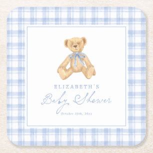 Vintage Teddy Bear Blue Gingham Baby Shower Square Paper Coaster