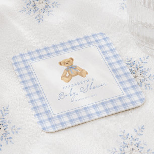 Vintage Teddy Bear Blue Gingham Baby Shower Square Paper Coaster