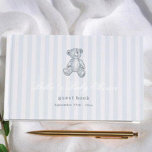 Vintage Teddy Bear Blue Stripes Boy Baby Shower Guest Book