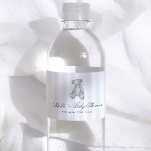 Vintage Teddy Bear Blue Stripes Boy Baby Shower Water Bottle Label