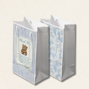 Vintage Teddy Bear Blue Stripes Toile Floral Small Gift Bag