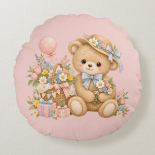 Vintage Teddy Bear Celebration with Wildflowers Round Pillow