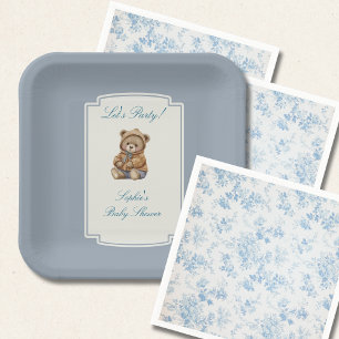 Vintage Teddy Bear, Dusty Blue Baby Shower Paper Plate