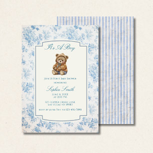 Vintage Teddy Bear, French Toile Dusty Blue Floral Invitation