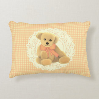 Vintage Teddy Bear on Doily Peach Check Background Accent Pillow