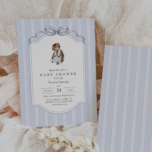 Vintage Teddy Bear Pinstripe Boy Baby Shower Invitation