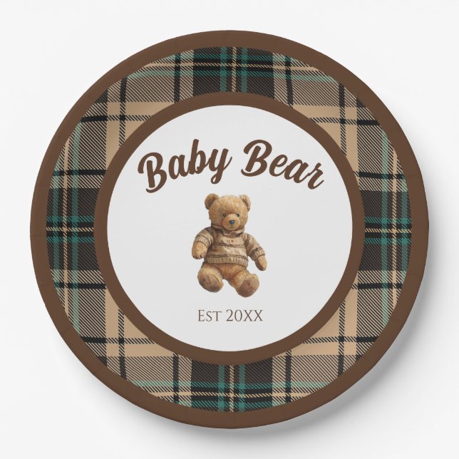 Vintage Teddy Bear Plaid Baby Shower Plates (Front)