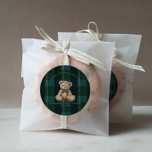 Vintage Teddy Bear Plaid Polo Baby Shower Classic Round Sticker