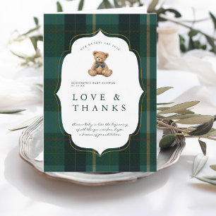 Vintage Teddy Bear Plaid Polo Baby Shower Thank You Card