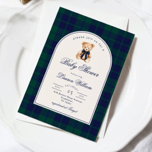 Vintage Teddy bear Preppy Navy Plaid Baby Shower Invitation