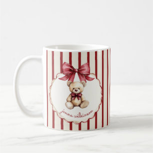 Vintage Teddy Bear Red Bow Watercolor Name  Coffee Mug