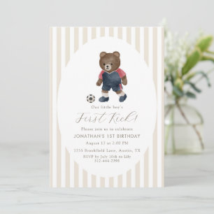 Vintage Teddy Bear Soccer First Kick 1st Birthday Invitation