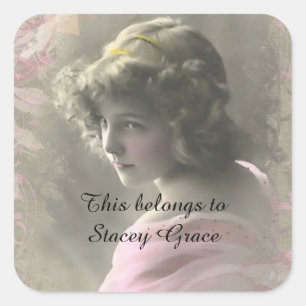 Vintage Teenage Girl in Pink This Belongs to Name Square Sticker