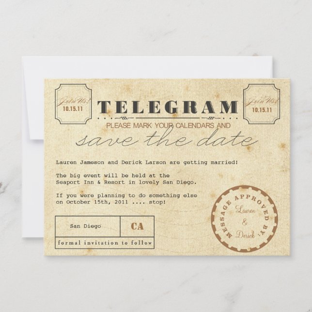 Vintage Telegram Postcard Save the Date (Front)